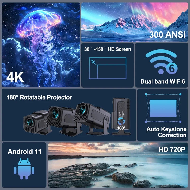 HY320 Android Projector (4K Support) – 300 ANSI – 180° Rotatable Portable